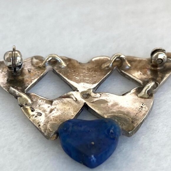 Vintage Sterling Silver 925 1.5" Stacked Hearts Blue Lapis Brooch - Picture 7 of 16